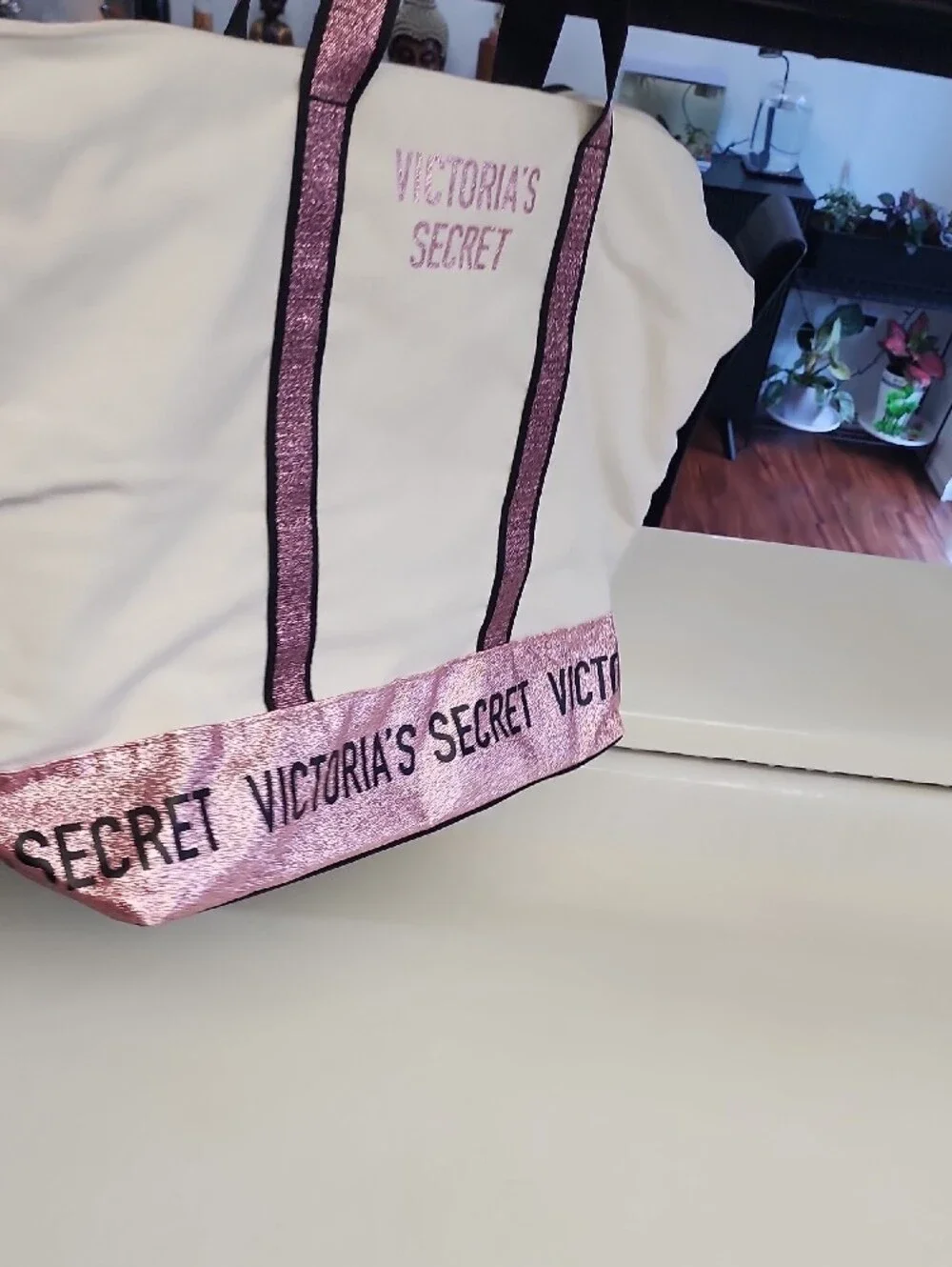 Victoria's Secret White Tote with Pink Glitter Trim